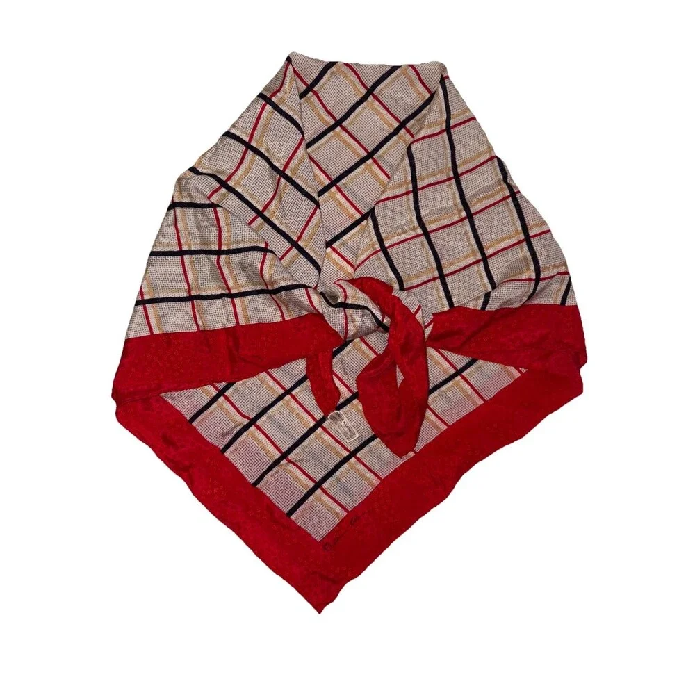 Vintage Anne Klein Japan Red White Blue Tan Check 100% Silk 30” Square Scarf